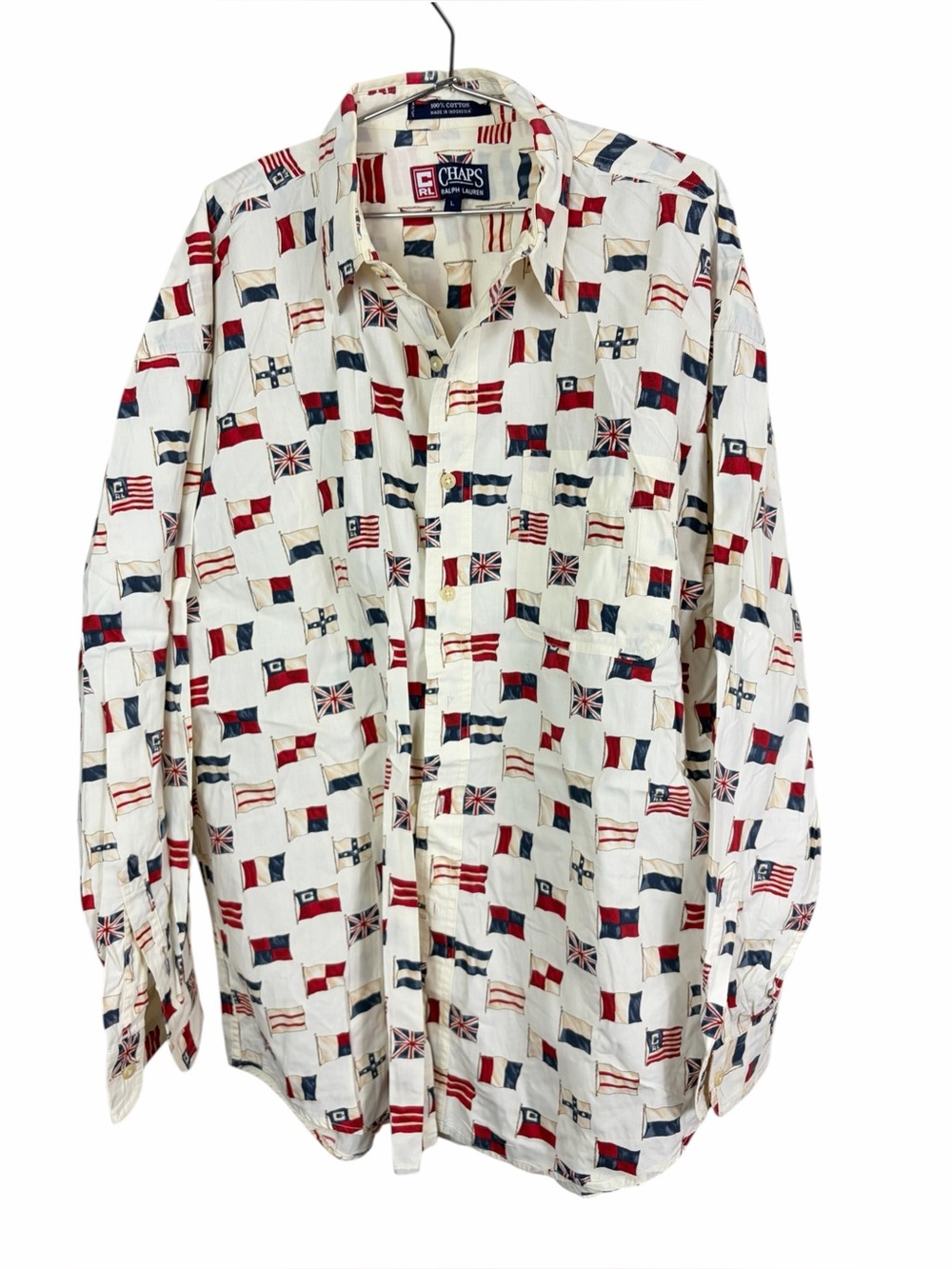 Chaps Ralph Lauren Vintage Long-Sleeve Flag Print Shirt - White with Red & Blue